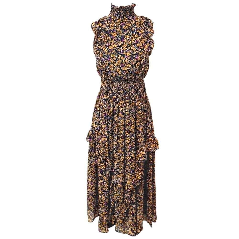 Floral Dress Spring and Summer Yellow Smocked Ruffle Mock Neck‎ Lulus Dress Sz S